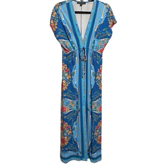 Boston Proper- Women’s Border Scarf Print Blue Floral Maxi Dress, Size Small - Picture 2 of 16